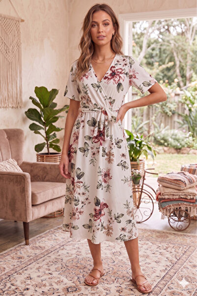 Modayakamoz Νέα σεζόν Γυναικείο κοντομάνικο φόρεμα με διπλό γιακά, δεμένο στο...