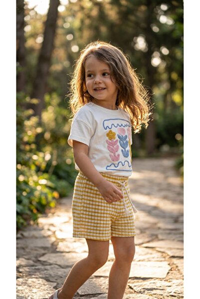 Sabi Punch Embroidered T-Shirt Checkered Shorts Girls' Two-Piece Set