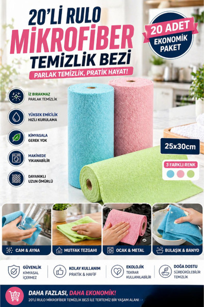 AYGÖREN HOME 20 Adet Rulo Mikrofiber Temizlik Bezi 25X30 Cm