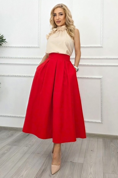 FashionForYou Ματίλντ κόκκινη μακριά φούστα κλος με τσέπες και πιέτες.