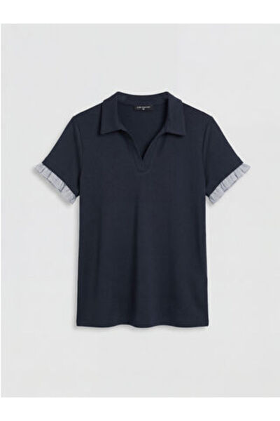 LC Waikiki New Season Navy Blue Polo Collar Ruffled Soft Touch Women's T-Shirt