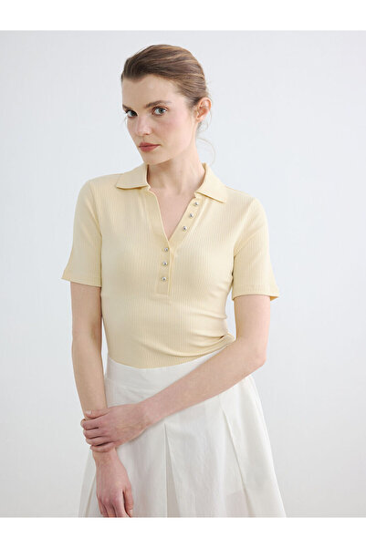 LC Waikiki Vizyon New Season Beige Polo Collar Women's Ribbed T-Shirt