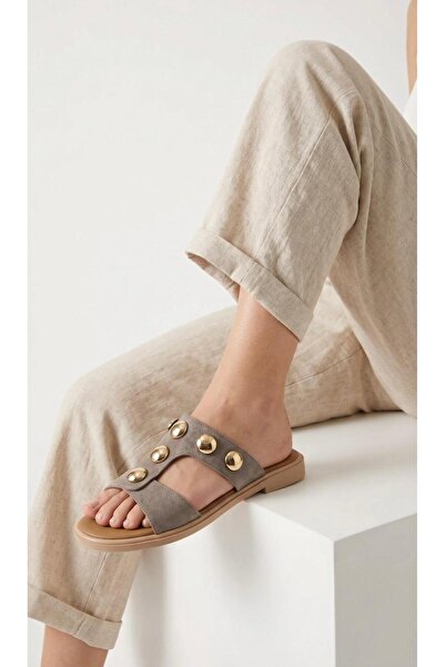 Adım Dünyası Γυναικείες Παντόφλες Χρυσό Κουμπί Σουέντ Πέτρινη Μαλακή Σόλα Πέτ...