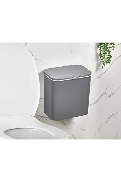 İndecor Houseware 15 Litre Fonksiyonel Kapaklı Banyo Ve Mutfak Tezgahüstü Çöp Kovası Dolap Ve Duvar Aparatlı Antrasit Gri