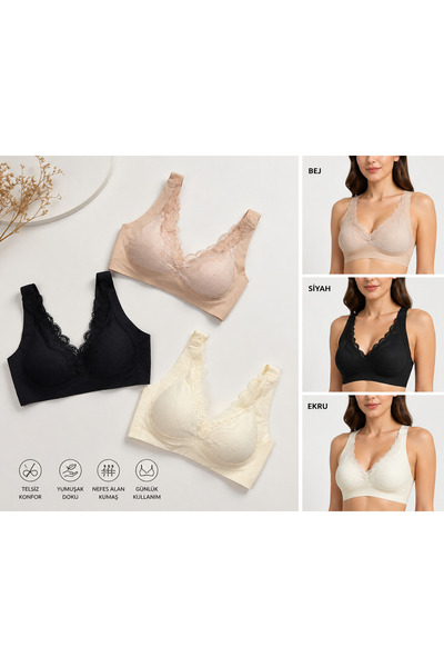 Seckinnn Bej, Siyah ve Ekru 3'lü Dikişsiz Dantelli Telsiz Toparlayıcı Bralet
