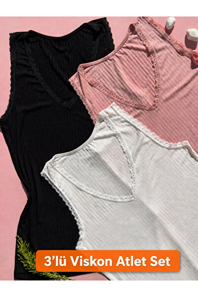 LEYNA BUTİK Γυναικείο Σετ Αθλητικών Εσωρούχων 3 τεμαχίων από βισκόζη, με δαντ...