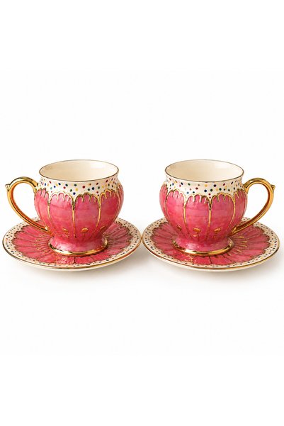 R-EYLA Reyla Sorelia 2-Piece Turkish Coffee Cup Set with Hand-Painted Gold Detail. Leather Box with Gift