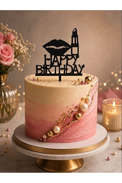 Doğum Günü Pasta Süsü Dudak ve Ruj temalı Happybirtday 12x17 ölçülerinde