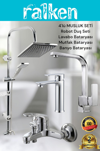 RALKEN 4’lü Batarya Seti Krom Pirinç Banyo Sabit Lavabo Mutfak Eviye Musluğu ...