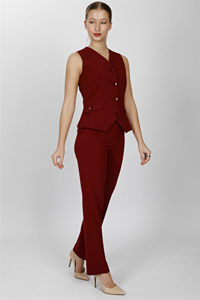 ÖNDER ÖZSOY V-Neck Decorated Buttoned Vest Suit 1530505-Burgundy - 1530505