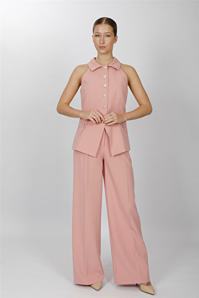 ÖNDER ÖZSOY Shirt Collar Model Vest Set 1535522-Pudra - 1535522