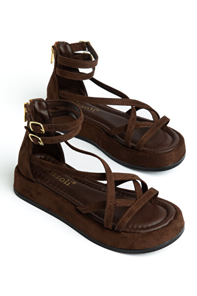 RİSSOLİ Γυναικεία πέδιλα με λουράκια στον αστράγαλο σε καφέ σουέντ χρώμα