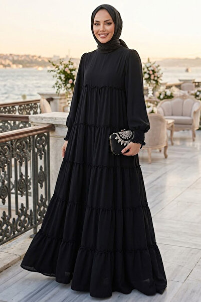 N.S NEVA STYLE Μαύρο Φόρεμα Τεσεττούρ με Πλισέ Σχέδιο 87502S