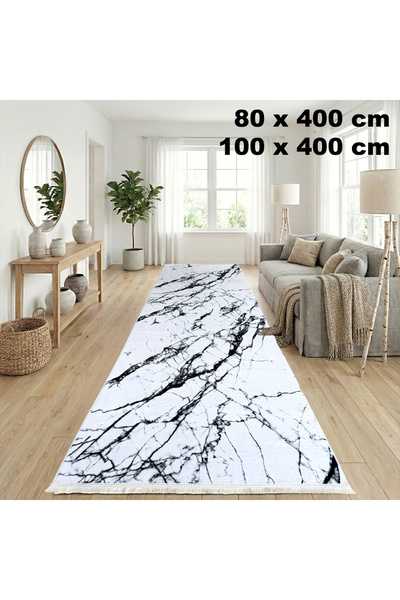OEM Αντιολισθητικό πατάκι διαδρόμου, 100x400 εκ., σχέδιο μαρμάρου, λευκό με μ...