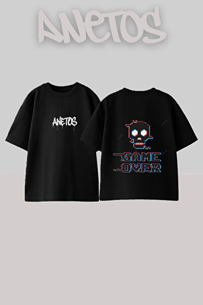 Anetos Μπλουζάκι Game Over 1 με στάμπα στην πλάτη, βαμβακερό, μαύρο, oversized