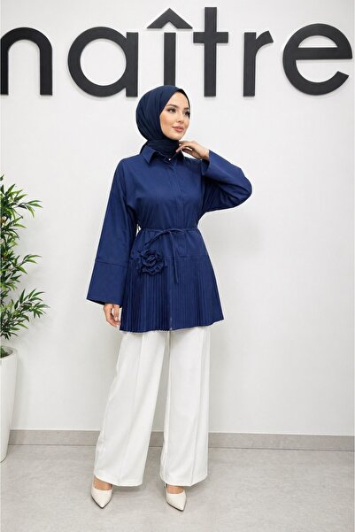 naitre Kadın Pileli Gül Detaylı Bağlamalı Tunik Poplin Gömlek Oversize