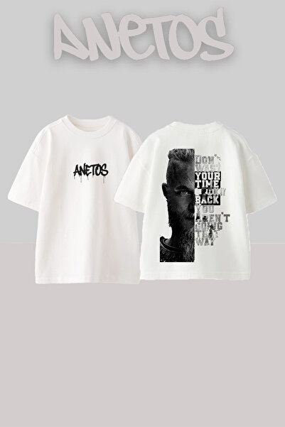 Anetos Tricou supradimensionat alb din bumbac cu imprimeu pe spate Ragnar Lot...