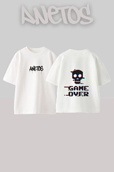 Anetos Tricou oversize alb din bumbac cu imprimeu pe spate Game Over 1 Design