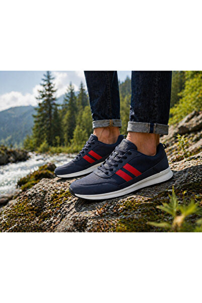 YUSE SHOES حذاء رياضي رجالي باللون الأزرق الداكن مع خطوط حمراء وأربطة ونعل أبيض