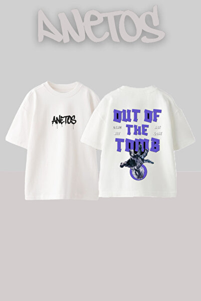 Anetos Tricou oversize alb din bumbac cu imprimeu pe spate cu design Zombie Hand