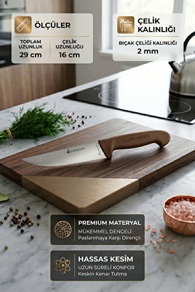 SÜRMENOX Sürmene Silver Serisi 3 lü Mutfak Bıçak Seti Kahve Sap Yüzme Sıyırma Kasap Et Ekmek Sebze Bıçağı HDx-104