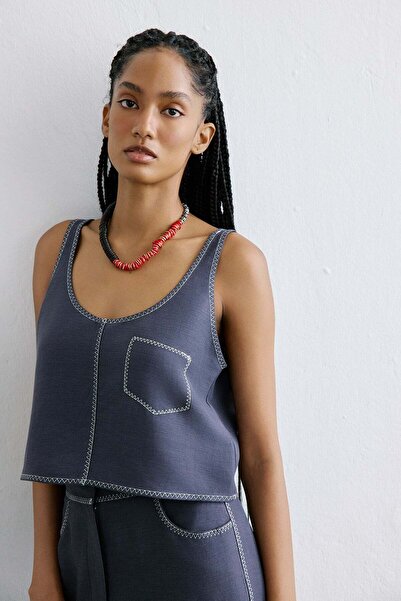 Rue Studio Keten Karışımlı Crop İndigo Bluz