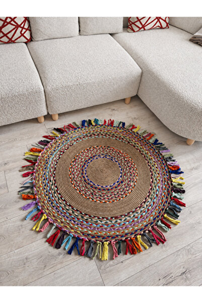 MaVaux Şölen Etnik El Örgüsü Jüt Halat Kilim Renkli Yuvarlak Otantik Kilim, D...
