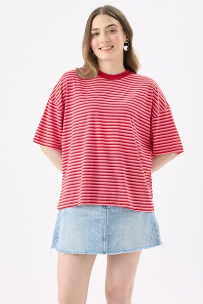 CrepTekstil Crep Kadın Kırmızı Çizgili Kısa Kollu T-Shirt Oversize Fit Yumuşak Örme Kumaş