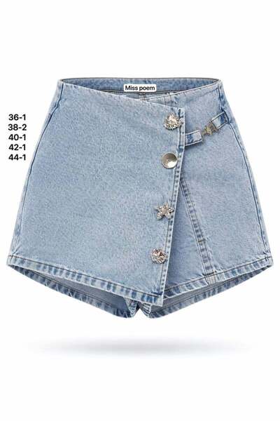 Miss Poem Γυναικεία τζιν σορτς φούστα με μεταλλική αγκράφα στη μέση και ανοιχ...