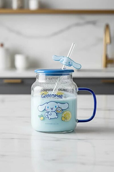 SANRIO Lisanslı Cinnamoroll Kapaklı ve Pipetli Cam Bardak – Figürlü Borosilik...
