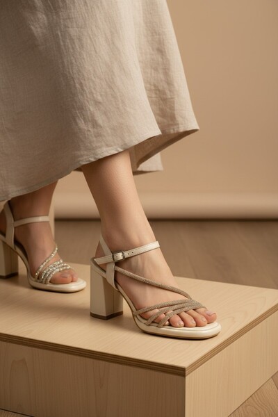 enoch Women's Beige Multi-Stone Detailed Strappy Sandals with Block Heels