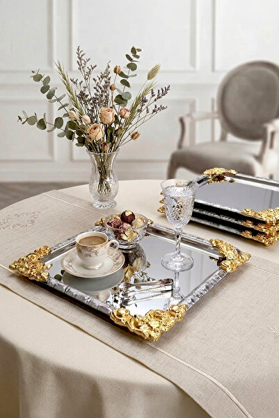 Kitchen Life 6-Piece Square Gold Vintage Embroidered Coffee Presentation Tray...