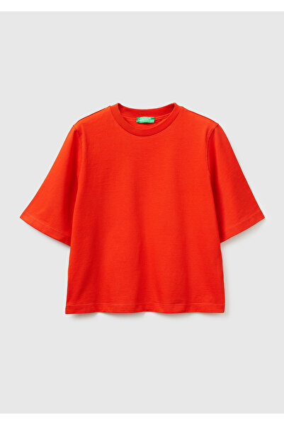 United Colors of Benetton Women's Red 100% Cotton Boxy Fit T-Shirt