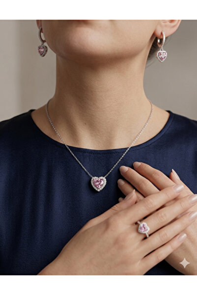 925 ayar gümüş pembe kalp taşlı set