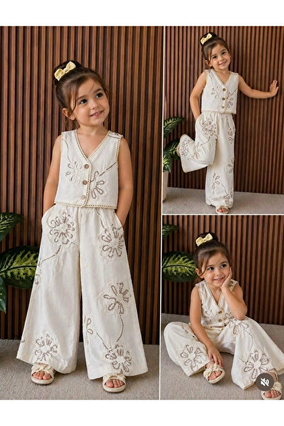 Kidmark Çocuk Modası Girl's Floral Embroidered Vest Suit
