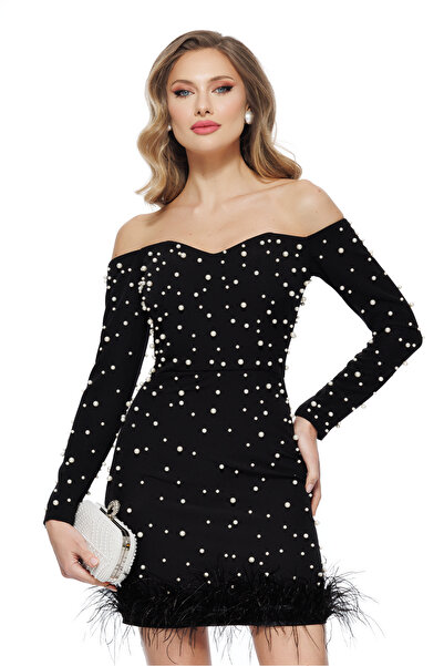 Fofy Rochie de ocazie eleganta neagra cu aplicatii de perle si pene