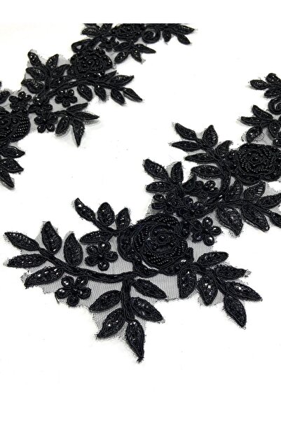 karantuhafiye Siyah Boncuk ve Pul İşlemeli / Güpür Dantel Aplike / 2'li Set / DF108