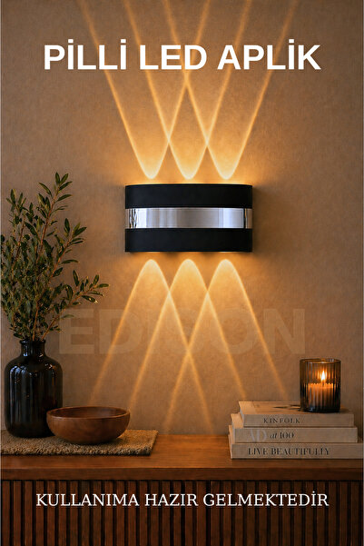 Edison Gümüş Detaylı Pilli LED Aplik Kablosuz Modern Dekoratif Duvar Lambası ...