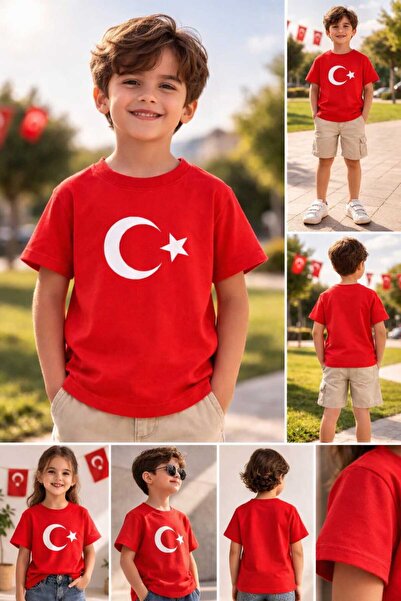 Pelna Children's Ataturk Printed Moon and Star Printed T-Shirt Red Cotton Gir...