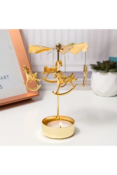 Saule Dekoratif Dönen Mumluk Mum Isısıyla Dönen Gold Metal Ev Dekoru Atlı Kar...
