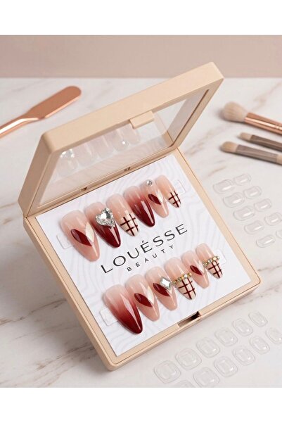 Louesse Beauty Louésse Ruby Grid Takma Tırnak Seti 12’li – Kırmızı French Taş...