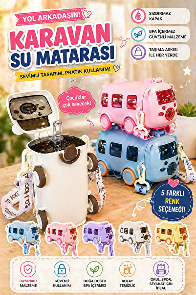 Munico Karavan Otobüs Tasarımlı Pipetli Çocuk Matarası – Okul, Spor ve Seyaha...