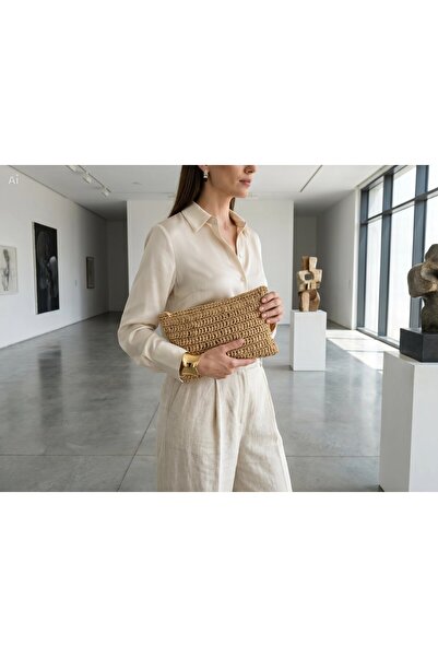 Meya design Kadın Hasır Görünümlü El Örmesi Fermuarlı Portföy Çanta - 16x25 cm