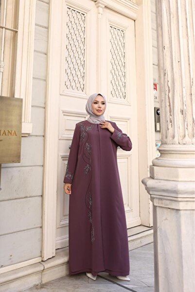 GÖZDE GİYİM Plus Size Leaf Stone Decorated Mother's Dress