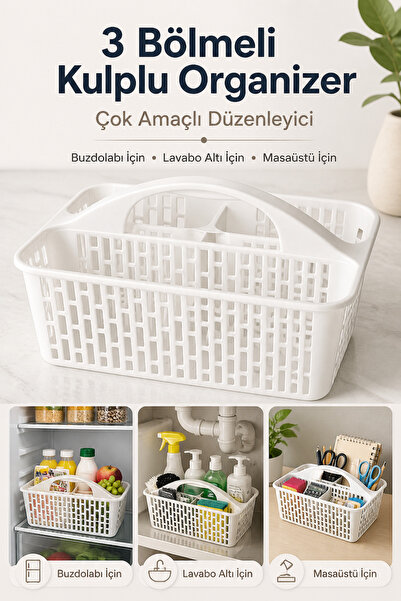 Poomy 3 Bölmeli Kulplu Organizer Çok Amaçlı Buzdolabı Lavabo Altı Masaüstü Dü...