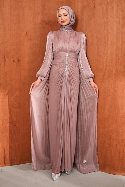 İmajButik Powder Stone Detailed Draped Janjan Evening Dress