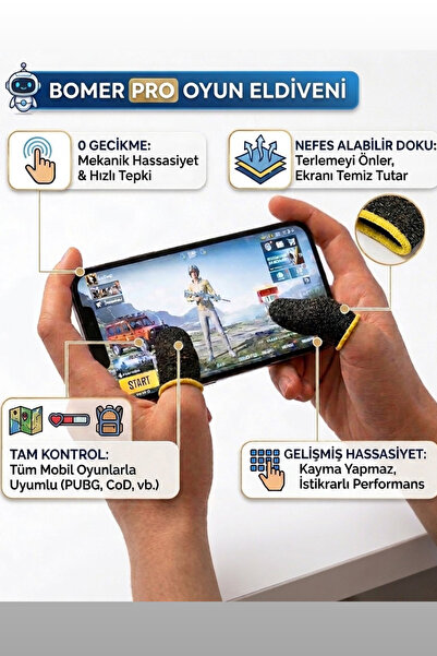 BOMER Profesyonel Mobil Oyun Parmaklığı - PUBG, COD, Free Fire Uyumlu Terletm...