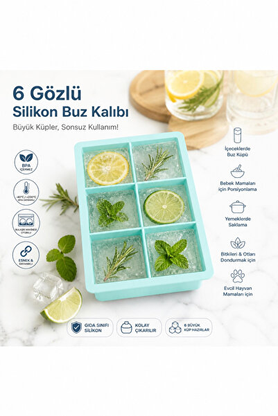 evolis kitchen 1 Adet (6 Bölmeli Büyük Boy Silikon Buz Kalıbı Silikon Kare Bu...