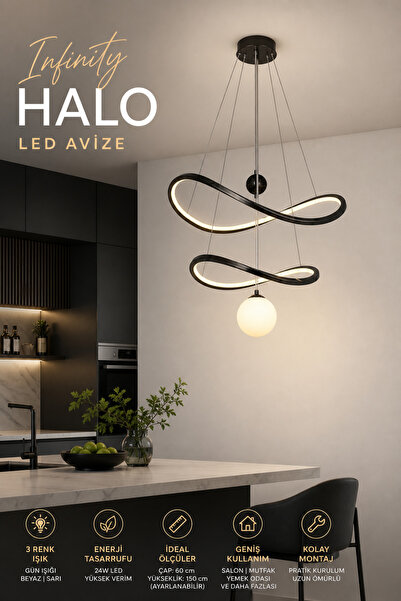 Elvora Home Modern (PREMİUM) LED Avize 3 Renkli 24W Siyah Halkalı Sarkıt 60 c...