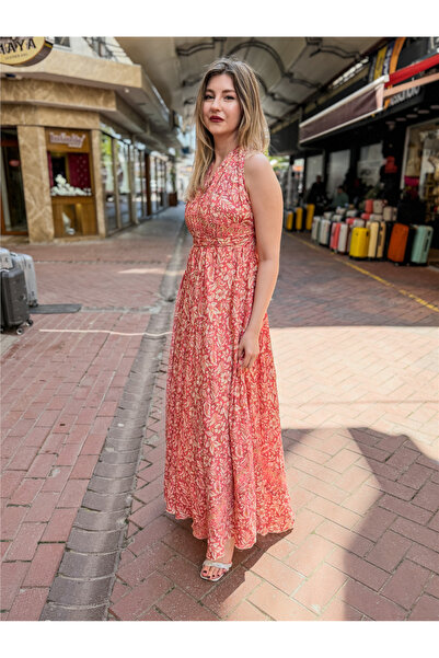 Miss Boheme Coral Color Gold Detailed Halter Neck Backless Silk Dress